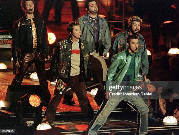 American performers *NSYNC perform during the half time show January 28, 2001 at Super Bowl XXXV between the Baltimore Ravens and the New York Giants...
