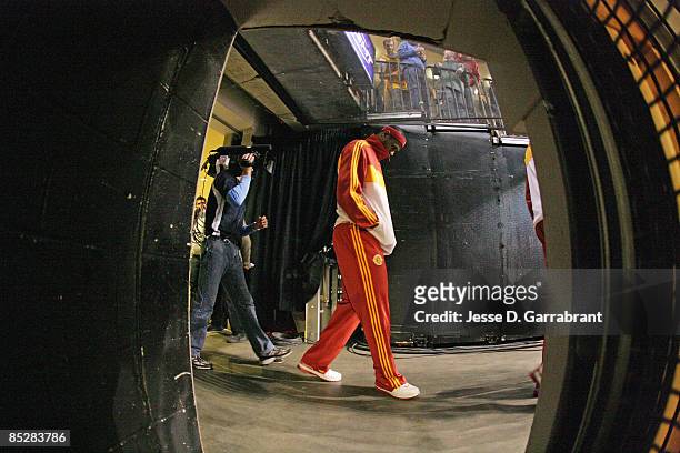 LeBron James of the Cleveland Cavaliers makes his way to the court for a game against the Boston Celtics on March 6, 2009 at the TD Banknorth Garden...