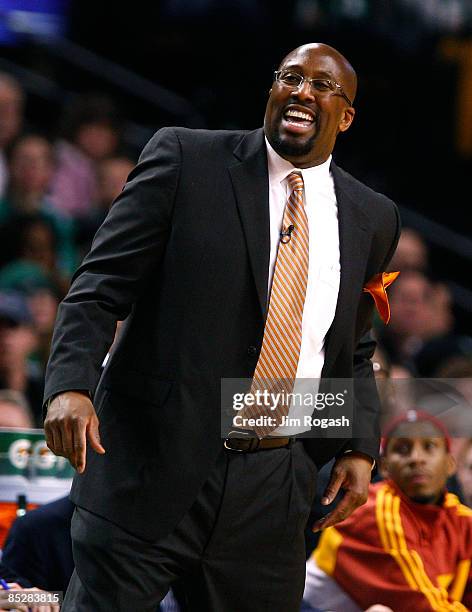 Coach Mike Brown of the Cleveland Cavaliers reacts in the fourth quarter during a game against the Boston Celtics at the TD Banknorth Garden on March...