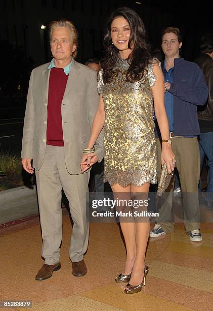 Actor Michael Douglas and actress Catherine Zeta-Jones attend the premiere of Kirk Douglas' one man show "Before I Forget" at the Kirk Douglas...