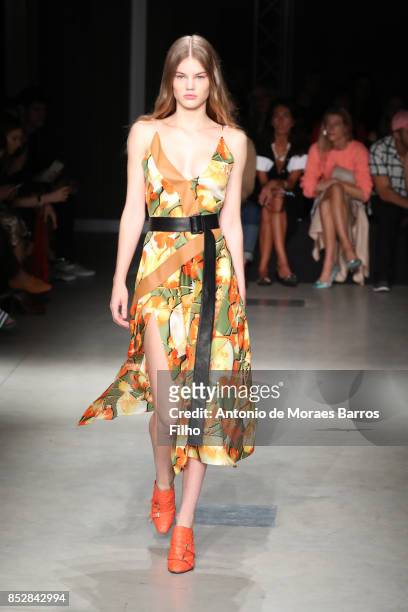 Model walks the runway at the Trussardi show during Milan Fashion Week Spring/Summer 2018 on September 24, 2017 in Milan, Italy.