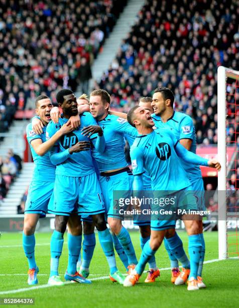 Tottenham Hotspurs's Emmanuel Adebayor celebrates scoring to make the score 3-2 during the Barclays Premier League match at St Marys' Stadium,...