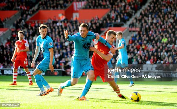 Tottenham Hotspurs's Gylfi Sigurosson Southampton's Calum Chambers battle for the ball in the penalty area during the Barclays Premier League match...