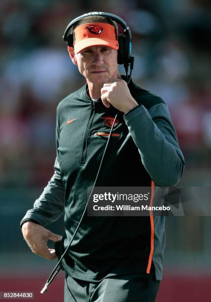 Head coach Gary Andersen of the Oregon State Beavers looks on during the game against the Washington State Cougars at Martin Stadium on September 16,...