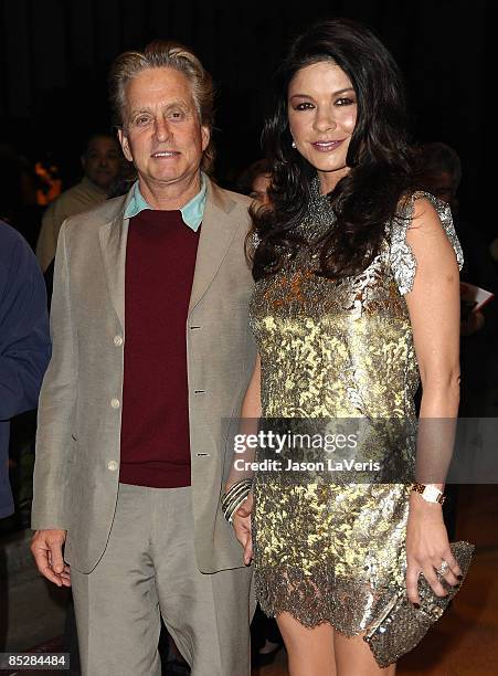 Actor Michael Douglas and actress Catherine Zeta-Jones attend Kirk Douglas' one man show "Before I Forget" at The Kirk Douglas Theatre on March 6,...