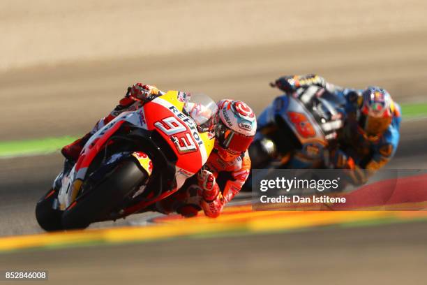 Marc Marquez of Spain and the Repsol Honda Team rides during warm-up before the MotoGP of Aragon at Motorland Aragon Circuit on September 24, 2017 in...