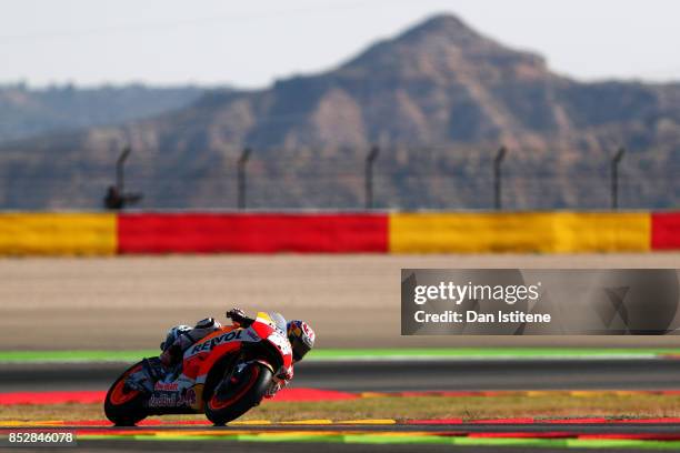 Dani Pedrosa of Spain and the Repsol Honda Team rides during warm-up before the MotoGP of Aragon at Motorland Aragon Circuit on September 24, 2017 in...