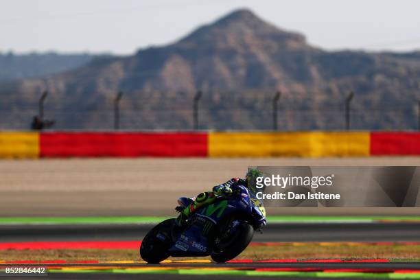Valentino Rossi of Italy and Movistar Yamaha MotoGP rides during warm-up before the MotoGP of Aragon at Motorland Aragon Circuit on September 24,...
