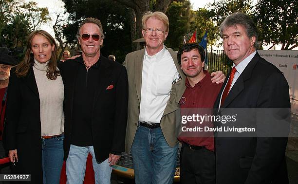 Parky DeVogelaere, actors Peter Fonda and Ed Begley Jr., car designer Marcelo da Luz and Consul General of Canada David Fransen attend the unveiling...