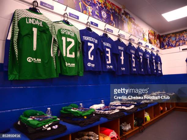 Chelsea FC changing room before a WSL Match between Chelsea Ladies and Bristol Academy Women on September 24, 2017 in Kingsmeadow, England.