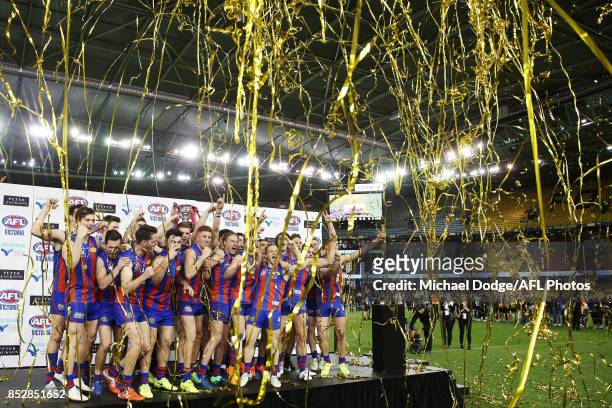 Port players celebrate the win during the VFL Grand Final match between Richmond and Port Melbourne at Etihad Stadium on September 24, 2017 in...
