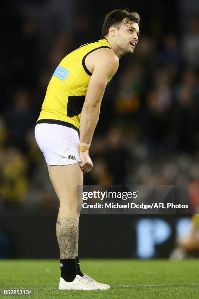 Ben Lennon of the Tigers reacts after he missed a kick for goal that could have won Richmond the match during the VFL Grand Final match between...