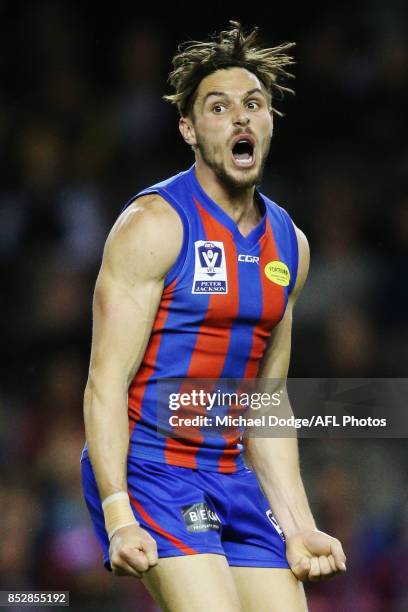 Hugh Sandilands of Port Melbourne celebrates a goal during the VFL Grand Final match between Richmond and Port Melbourne at Etihad Stadium on...