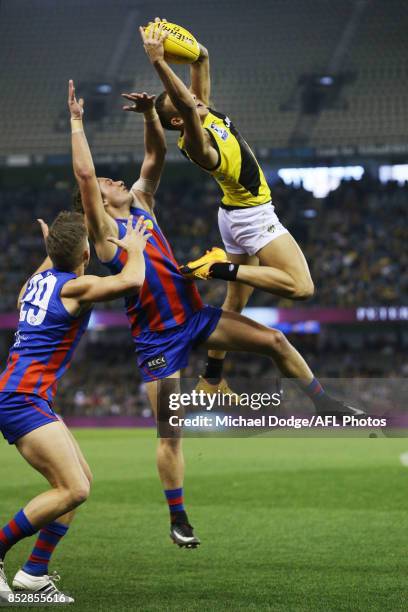 Shai Bolton of the Tigers marks the ball during the VFL Grand Final match between Richmond and Port Melbourne at Etihad Stadium on September 24, 2017...