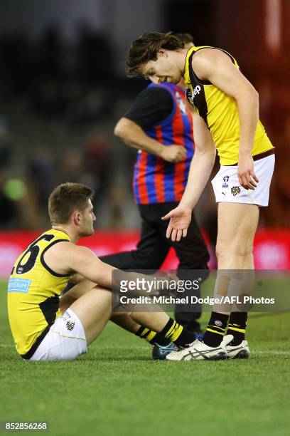 Anthony Miles of the Tigers and Reece Conca look dejected after losing during the VFL Grand Final match between Richmond and Port Melbourne at Etihad...