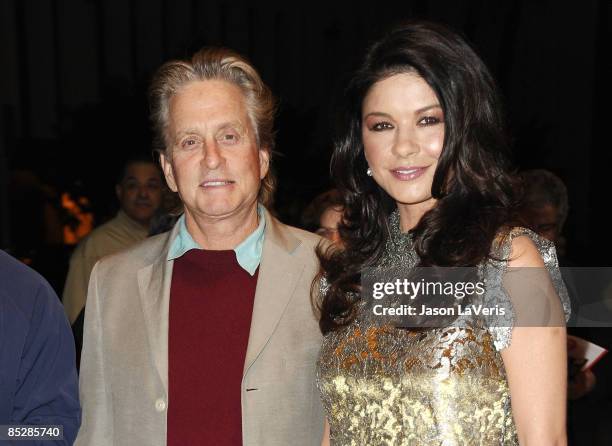 Actor Michael Douglas and actress Catherine Zeta-Jones attend Kirk Douglas' one man show "Before I Forget" at The Kirk Douglas Theatre on March 6,...