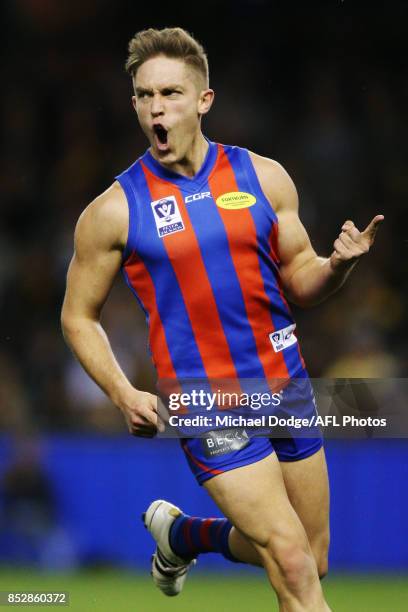 Chris Cain of Port Melbourne celebrates a goal during the VFL Grand Final match between Richmond and Port Melbourne at Etihad Stadium on September...