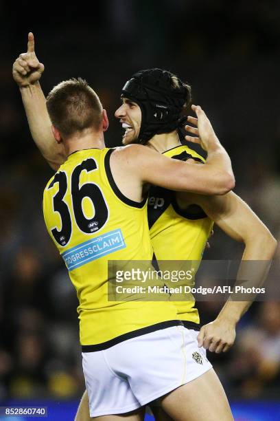 Ben Griffiths of the Tigers celebrates a goal during the VFL Grand Final match between Richmond and Port Melbourne at Etihad Stadium on September 24,...