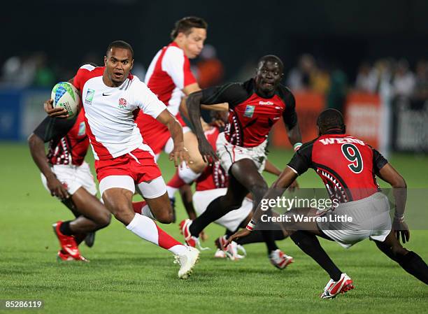 Josh Drauniniu of England in action during the Pool E match between England and Kenya at the IRB Rugby World Cup Sevens 2009 at The Sevens stadium on...