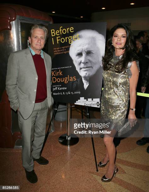 Actress Catherine Zeta-Jones and actor Michael Douglas attend the premiere of Kirk Douglas' one man show "Before I Forget" at the CTG/Kirk Douglas...