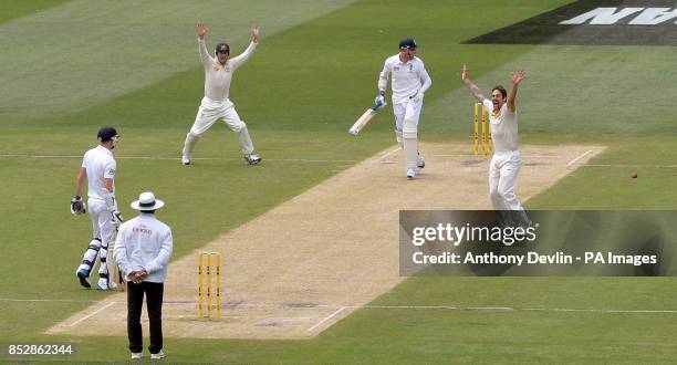 Australia's Mitchell Johnson celebrates taking the wicket of England's Stuart Broad during day two of the Fourth Test at the MCG in Melbourne,...