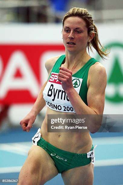 Deirdre Byrne of Ireland competes in the Women's 3000m during day two of the European Athletics Indoor Championships at the Oval Lingotto on March 7,...