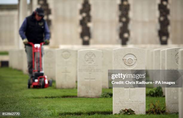 Previously unreleased image dated 05/11/13 of a Gardener at work in Tyne Cot Cemetery and Memorial Ypres, Belgium as the Commonwealth War Graves...