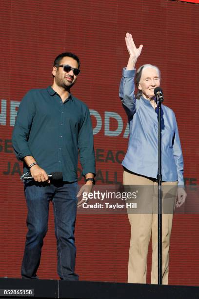 Kal Penn and Jane Goodall speak during the 2017 Global Citizen Festival at The Great Lawn of Central Park on September 23, 2017 in New York City.