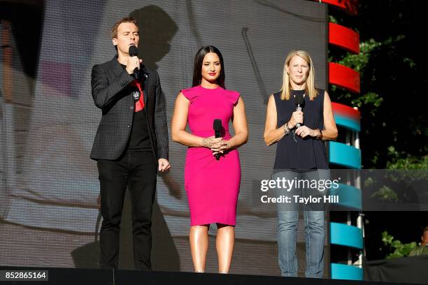 Hugh Evans, Demi Lovato and Carolyn Miles speak during the 2017 Global Citizen Festival at The Great Lawn of Central Park on September 23, 2017 in...