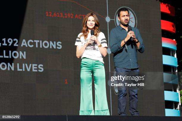 Michelle Monaghan and Hugh Jackman speak during the 2017 Global Citizen Festival at The Great Lawn of Central Park on September 23, 2017 in New York...