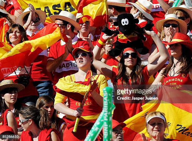 Spain fans cheer for David Ferrer of Spain during his match against Novak Djokovic of Serbia on day one of the Davis Cup World Group first round tie...