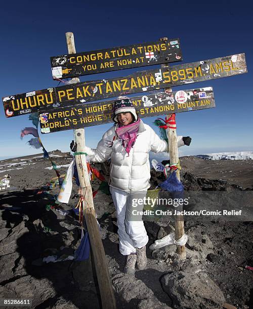 Singer Alesha Dixon poses as she reaches the top of Mount Kilimanjaro on the seventh day of The BT Red Nose Climb of Kilimanjaro on March 7, 2009 in...