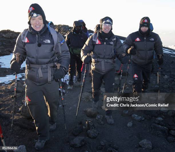 Ben Shephard, Ronan Keating and Gary Barlow reach the top of Mount Kilimanjaro on the seventh day of The BT Red Nose Climb of Kilimanjaro on March 7,...