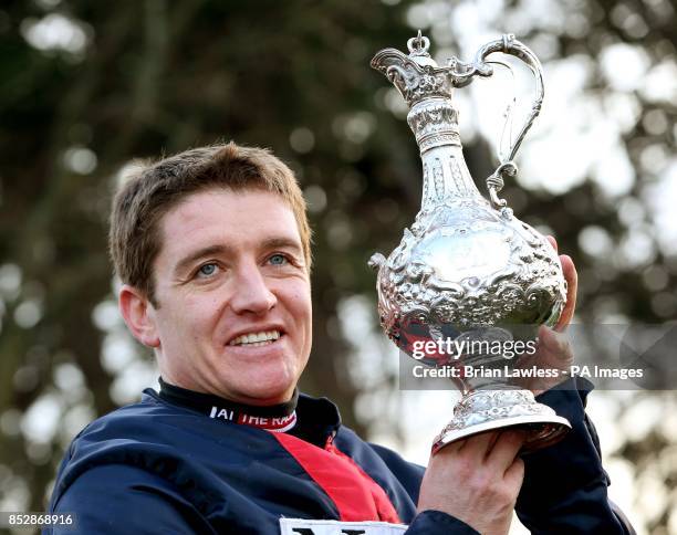 Barry Geraghty after winning the Lexus Steeplechase aboard Bobs Worth during day three of the Leopardstown Christmas Festival at Leopardstown...