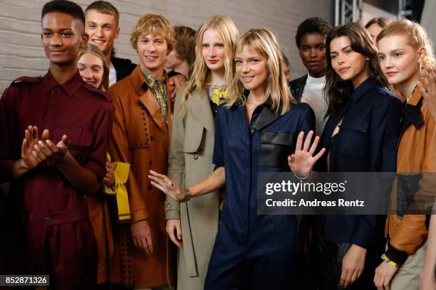 Designer Gaia Trussardi and models are seen backstage ahead of the Trussardi show during Milan Fashion Week Spring/Summer 2018on September 24, 2017...