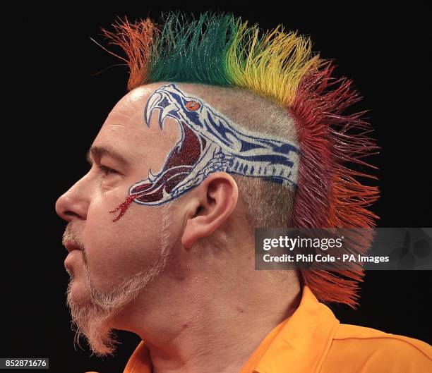 View of the image on Peter Wright's head as he plays against Wes Newton in the Quarter Finals,during day thirteen of The Ladbrokes World Darts...