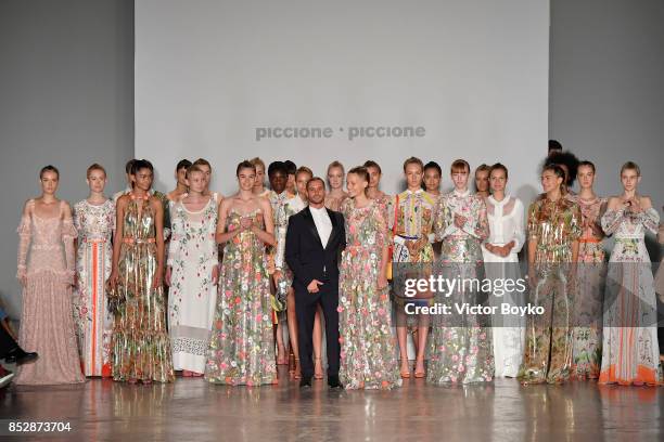 Designer Salvatore Piccione walks the runway after the Piccione.Piccione show during Milan Fashion Week Spring/Summer 2018 on September 24, 2017 in...