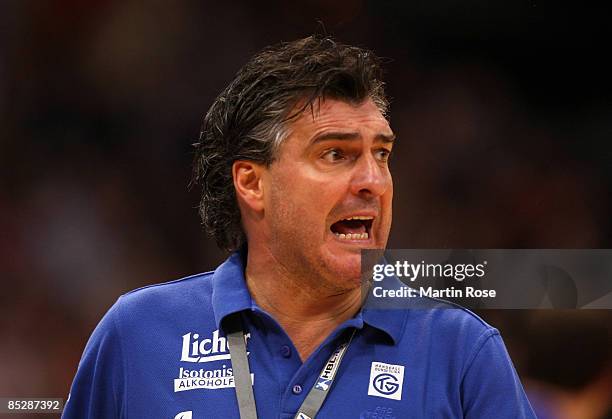 Michael Roth, head coach of Grosswallstadt reacts during the Bundesliga match between HSV Hamburg and TV Grosswallstadt at the Color Line Arena on...