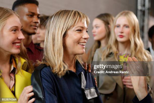 Designer Gaia Trussardi and models are seen backstage ahead of the Trussardi show during Milan Fashion Week Spring/Summer 2018on September 24, 2017...