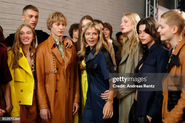 Designer Gaia Trussardi and models are seen backstage ahead of the Trussardi show during Milan Fashion Week Spring/Summer 2018on September 24, 2017...