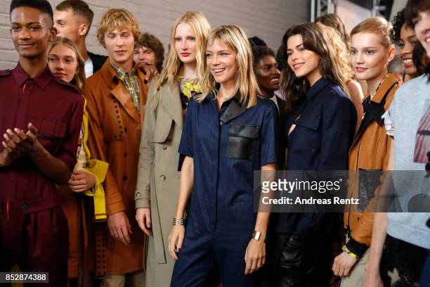 Designer Gaia Trussardi and models are seen backstage ahead of the Trussardi show during Milan Fashion Week Spring/Summer 2018on September 24, 2017...