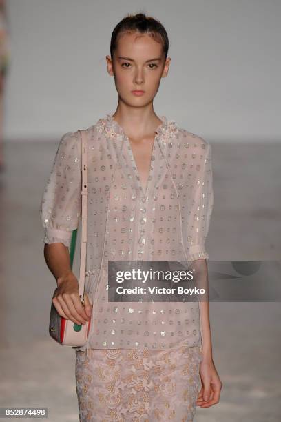 Model walks the runway at the Piccione.Piccione show during Milan Fashion Week Spring/Summer 2018 on September 24, 2017 in Milan, Italy.