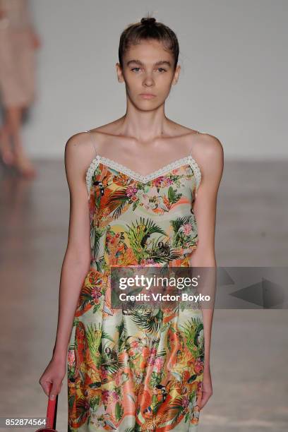 Model walks the runway at the Piccione.Piccione show during Milan Fashion Week Spring/Summer 2018 on September 24, 2017 in Milan, Italy.