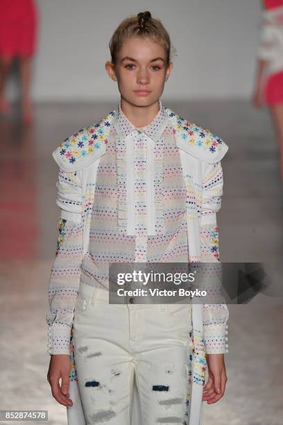 Model walks the runway at the Piccione.Piccione show during Milan Fashion Week Spring/Summer 2018 on September 24, 2017 in Milan, Italy.