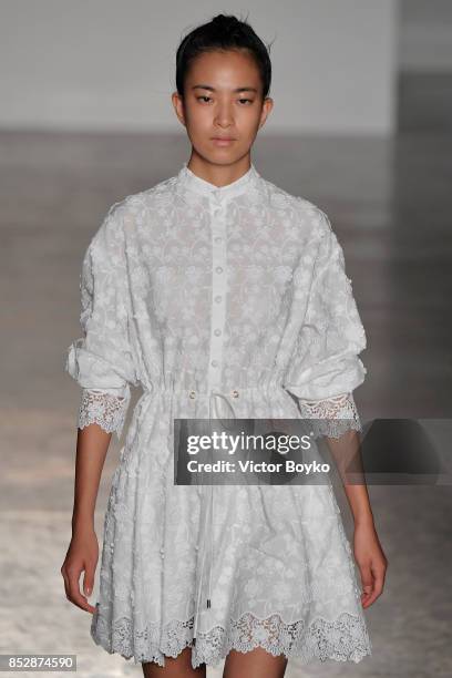 Model walks the runway at the Piccione.Piccione show during Milan Fashion Week Spring/Summer 2018 on September 24, 2017 in Milan, Italy.