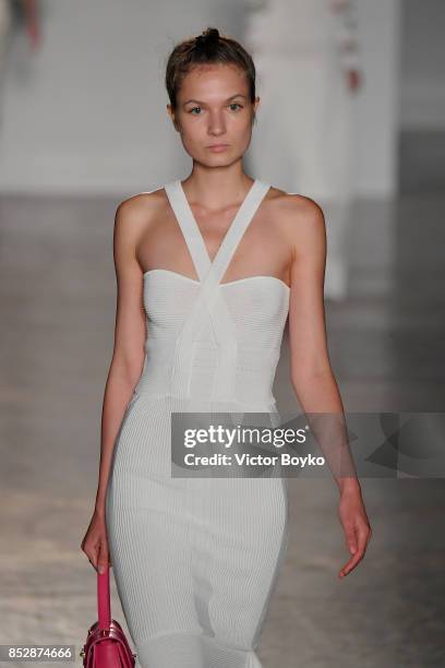 Model walks the runway at the Piccione.Piccione show during Milan Fashion Week Spring/Summer 2018 on September 24, 2017 in Milan, Italy.