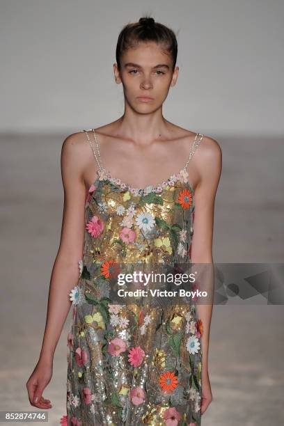 Model walks the runway at the Piccione.Piccione show during Milan Fashion Week Spring/Summer 2018 on September 24, 2017 in Milan, Italy.