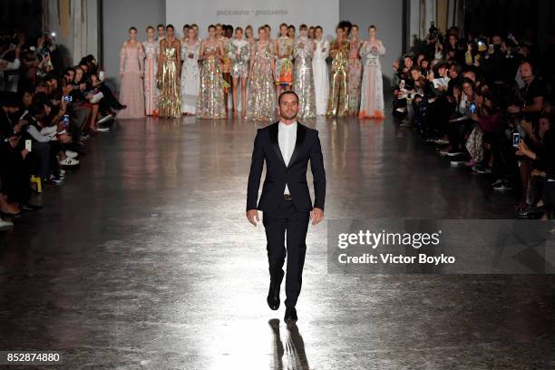 Designer Salvatore Piccione walks the runway after the Piccione.Piccione show during Milan Fashion Week Spring/Summer 2018 on September 24, 2017 in...