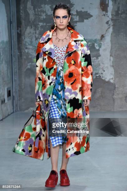 Model walks the runway at the Marni Spring Summer 2018 fashion show during Milan Fashion Week on September 24, 2017 in Milan, Italy.