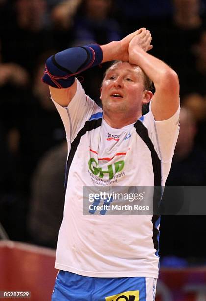 Dimitri Torgovanov of Hamburg reacts during the Bundesliga match between HSV Hamburg and TV Grosswallstadt at the Color Line Arena on March 7, 2009...